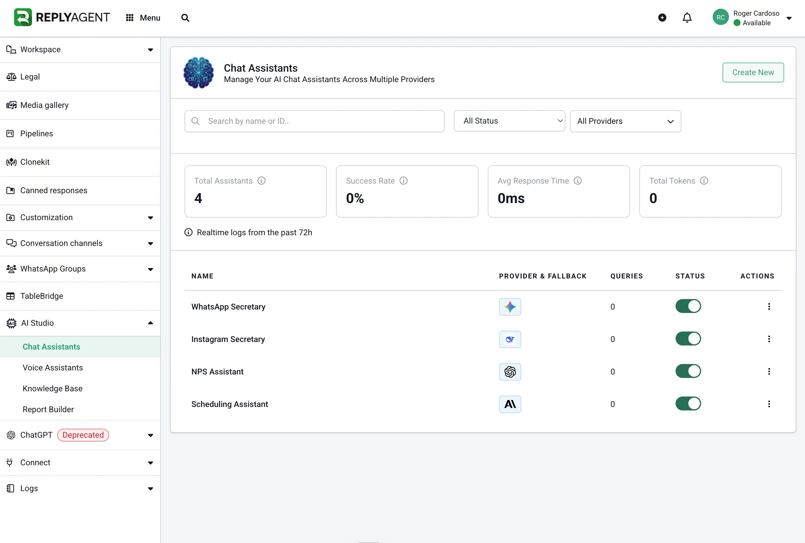 AI Studio Chat Assistants dashboard with multi-provider fallback configuration