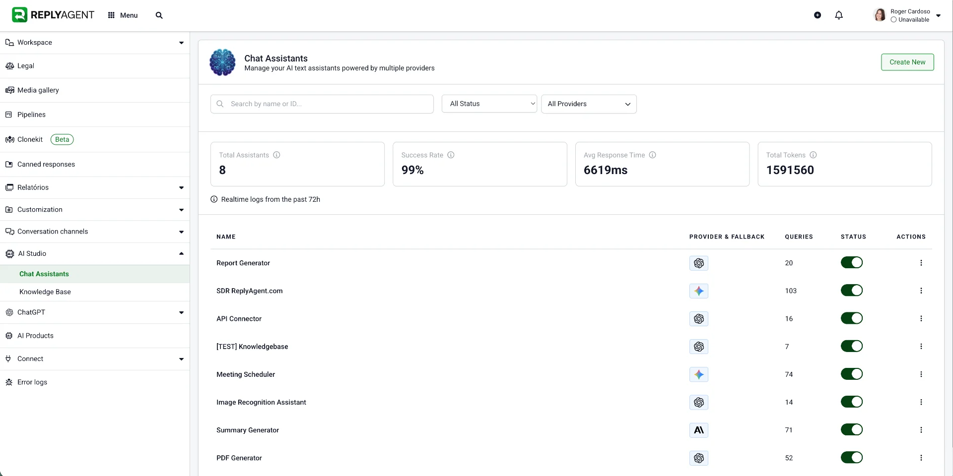Dashboard de AI Studio de ReplyAgent
