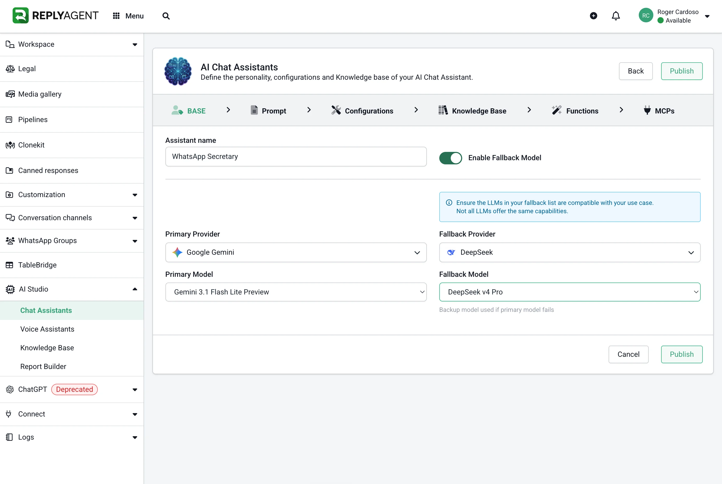 AI Chat Assistant configuration: Primary Provider Google Gemini with DeepSeek fallback enabled