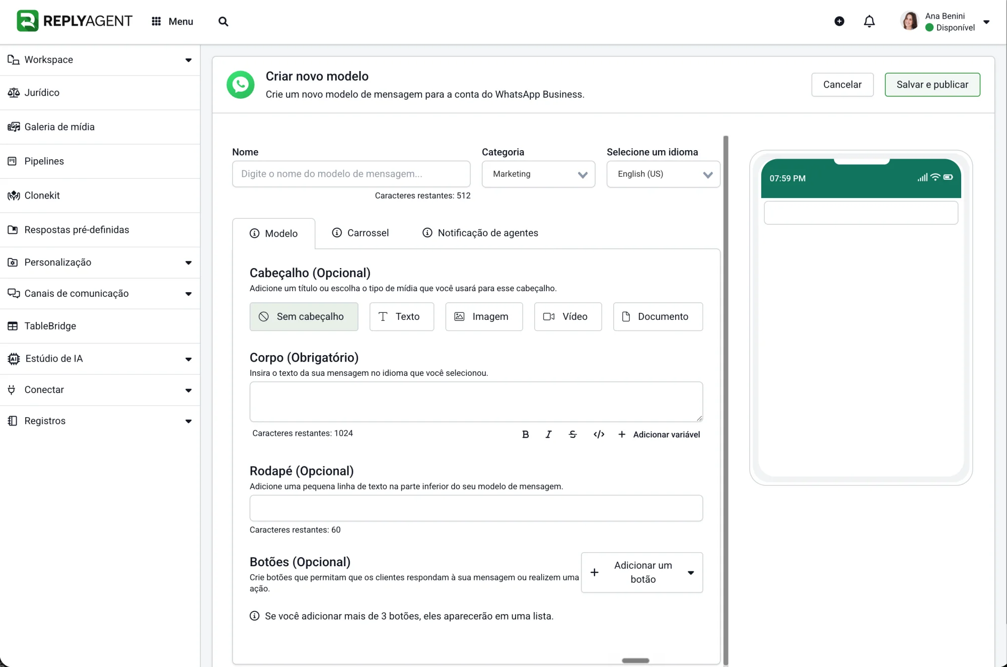 Gerenciador de templates de WhatsApp dentro do ReplyAgent