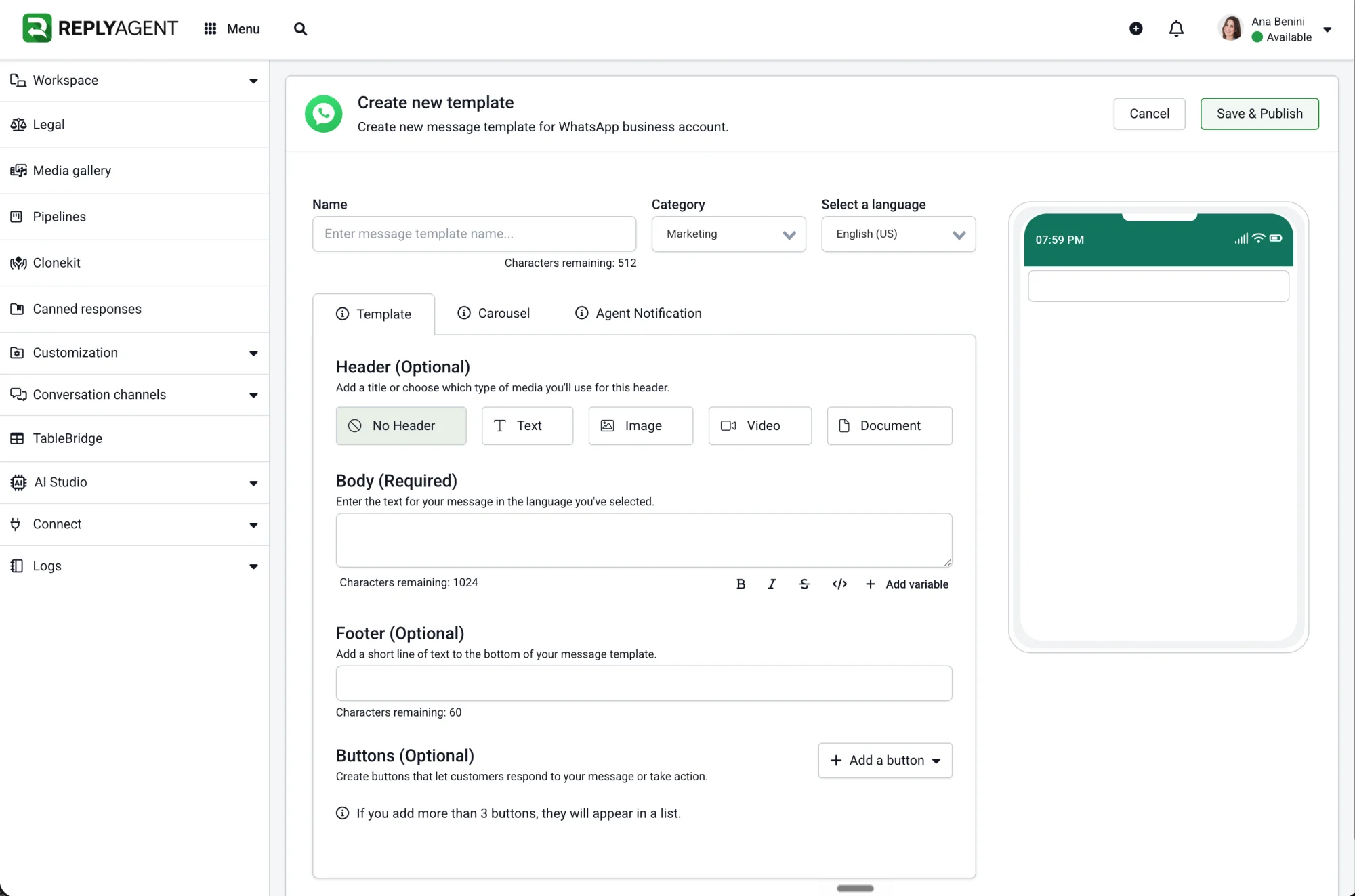 Administrador de plantillas de WhatsApp dentro de ReplyAgent