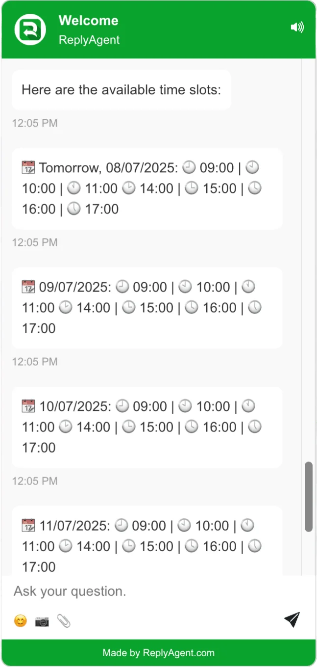 Asistente de IA ofreciendo horarios disponibles dentro del chat widget