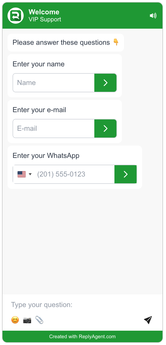 Formulario pre-chat captando nombre, email y WhatsApp