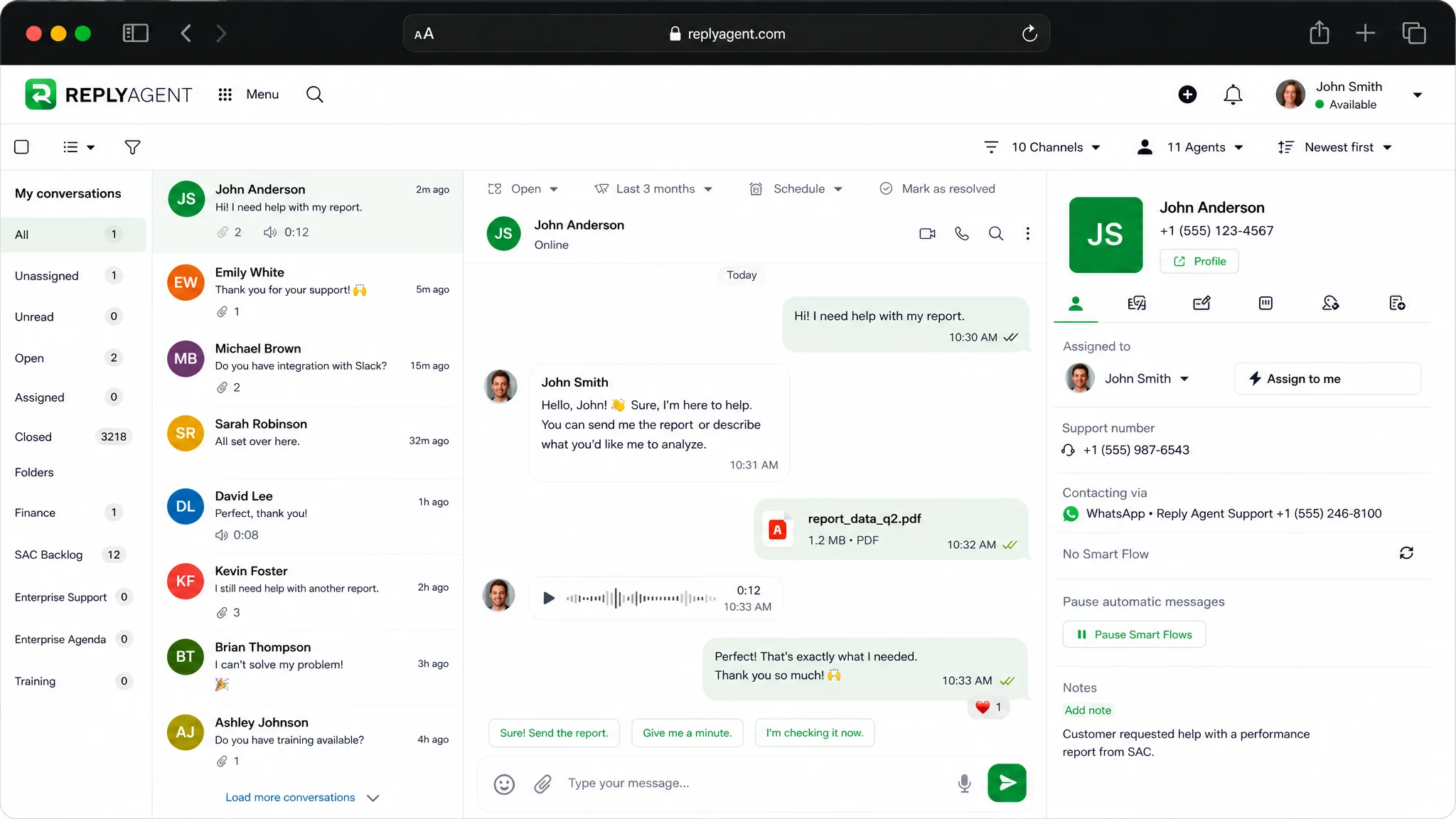 Conversación de SMS bidireccional en la inbox unificada