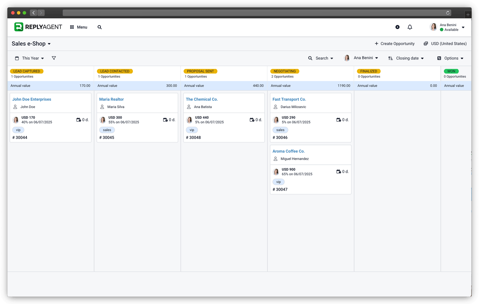 ReplyAgent CRM pipeline view