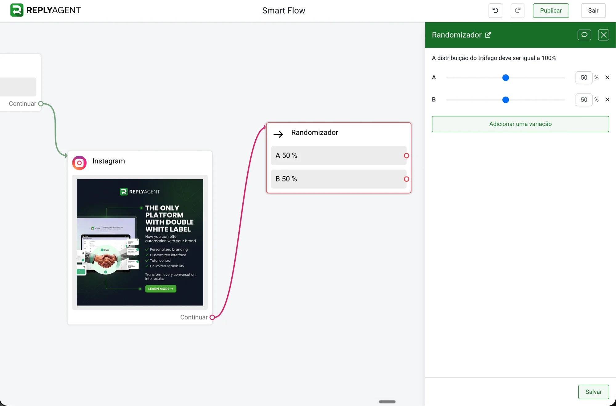 Bloco Randomizador do Smart Flow da ReplyAgent dividindo o tráfego 50/50 entre duas variantes