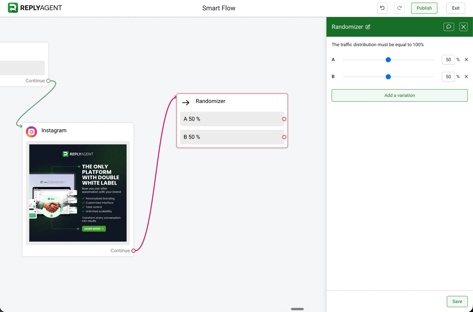 Bloque Randomizador del Smart Flow de ReplyAgent dividiendo el tráfico 50/50 entre dos variantes