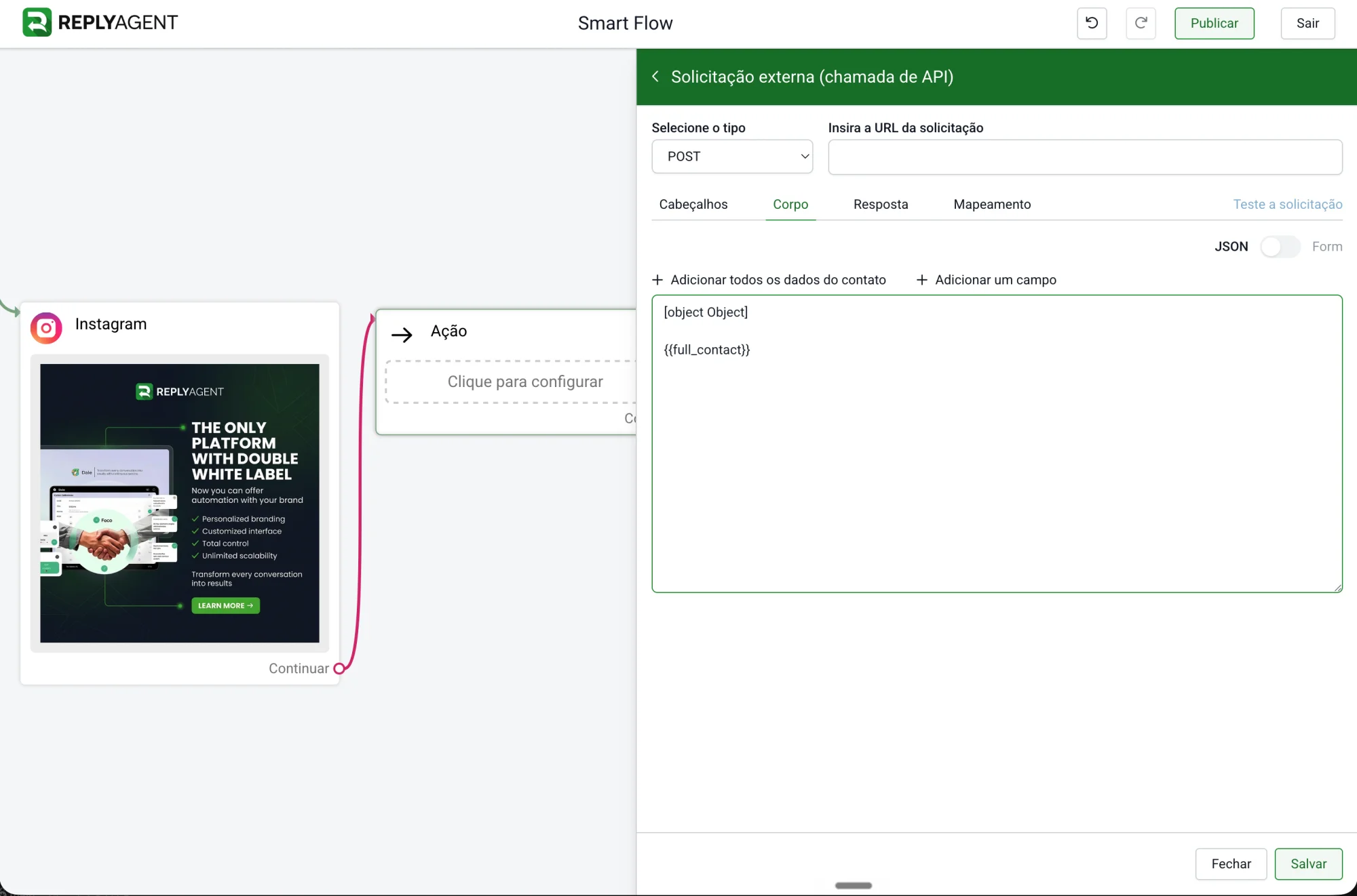 Bloco Solicitação Externa (chamada de API) do Smart Flow da ReplyAgent configurando uma requisição POST