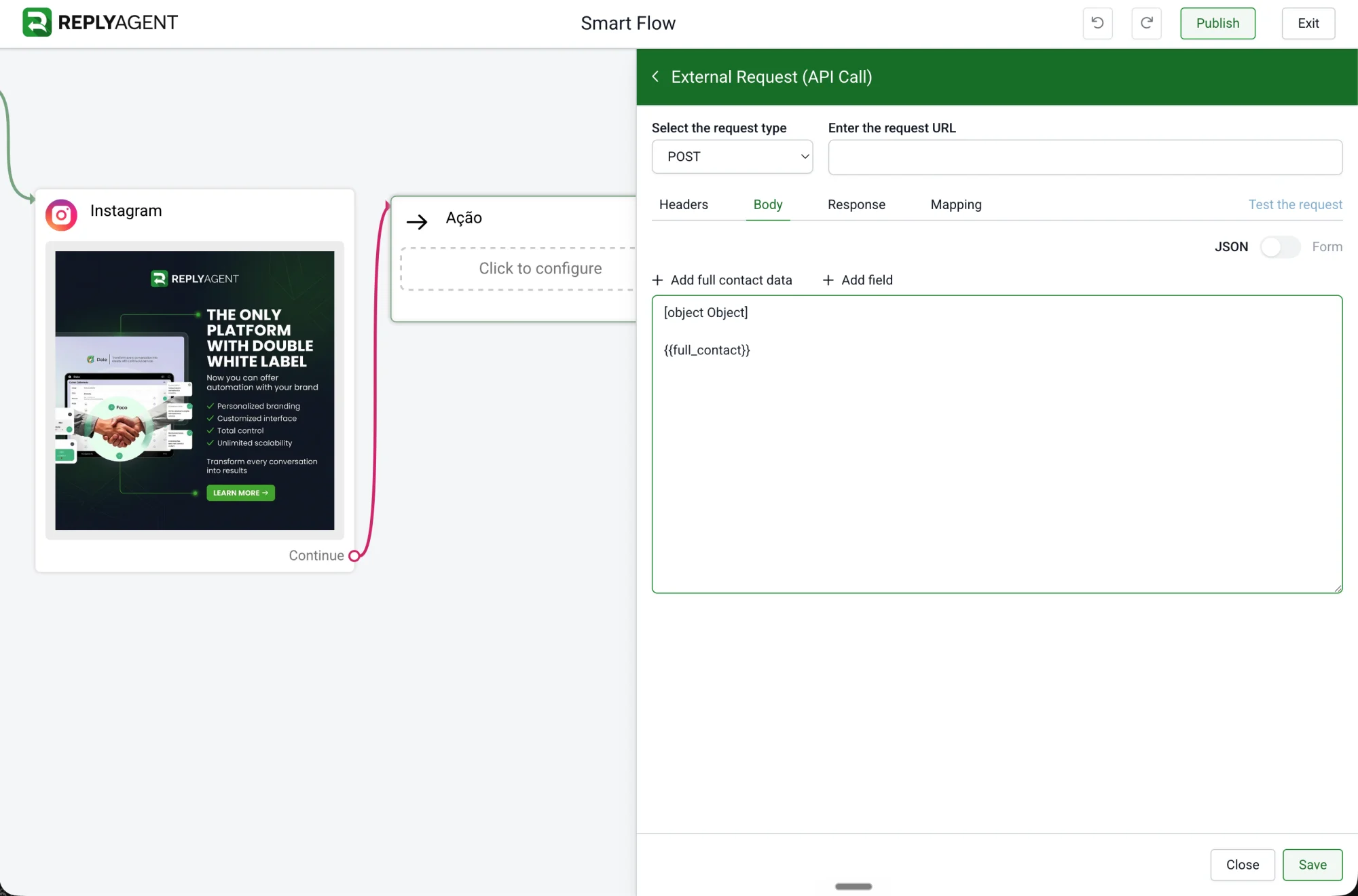 Bloque Solicitud Externa (llamada de API) del Smart Flow de ReplyAgent configurando una solicitud POST