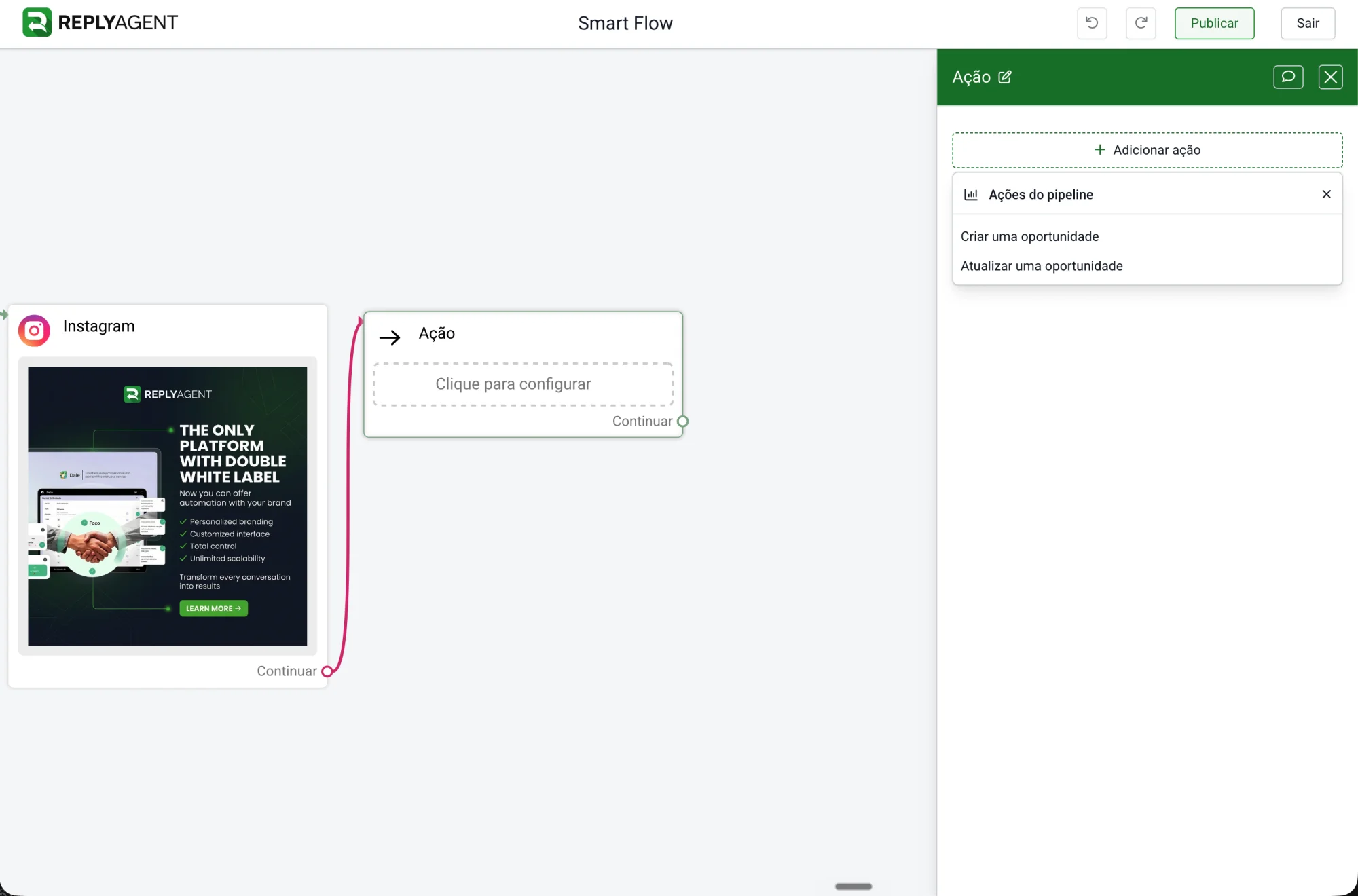 Modal de automação de estágio do pipeline da ReplyAgent com blocos nativos de CRM, pipeline, AI Studio e canais