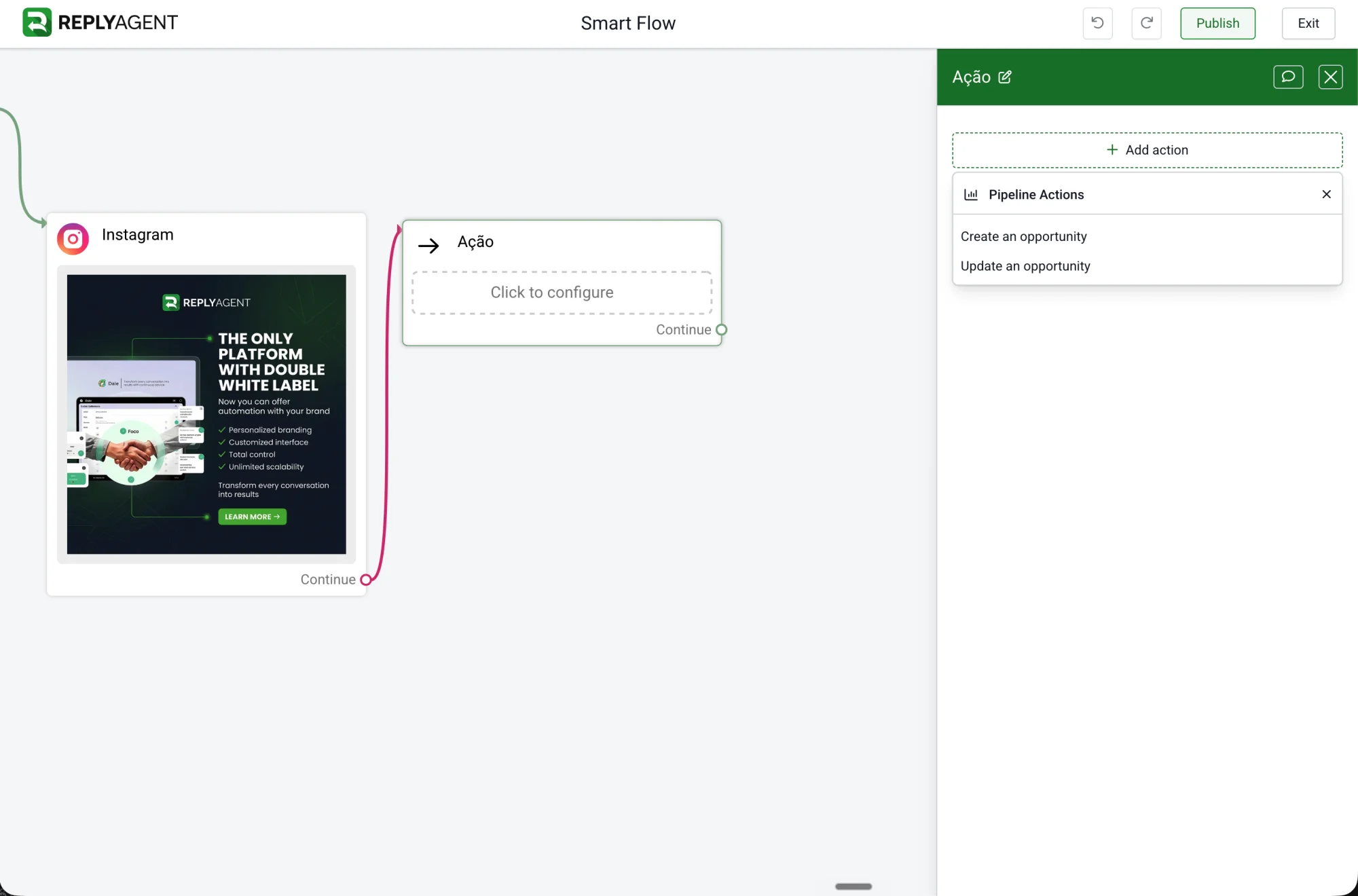 Modal de automatización de etapa del pipeline de ReplyAgent con bloques nativos de CRM, pipeline, AI Studio y canales