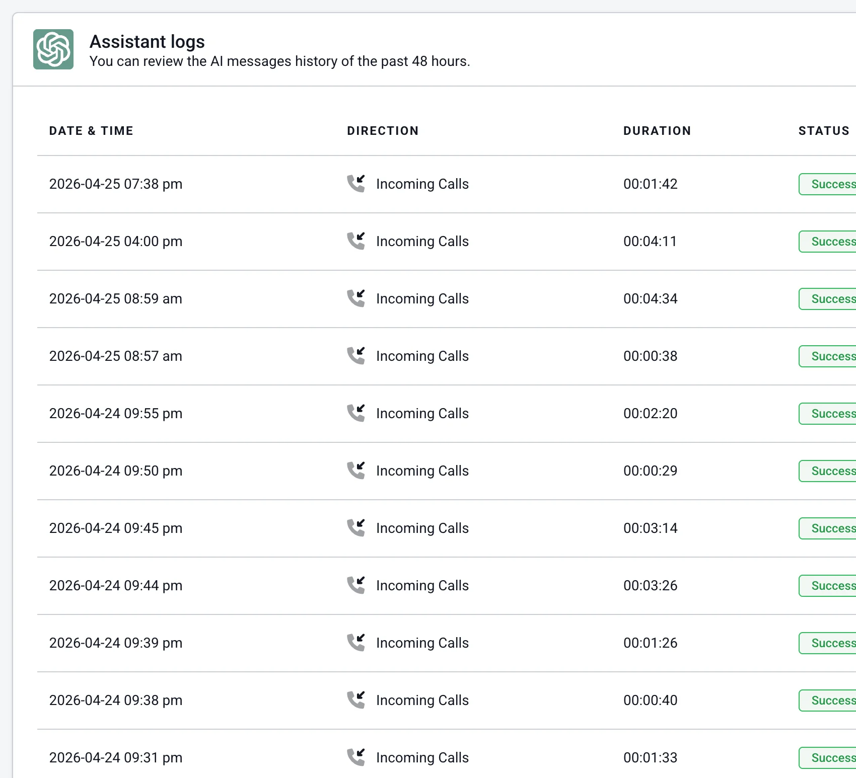 Voice assistant logs showing incoming calls with duration and status