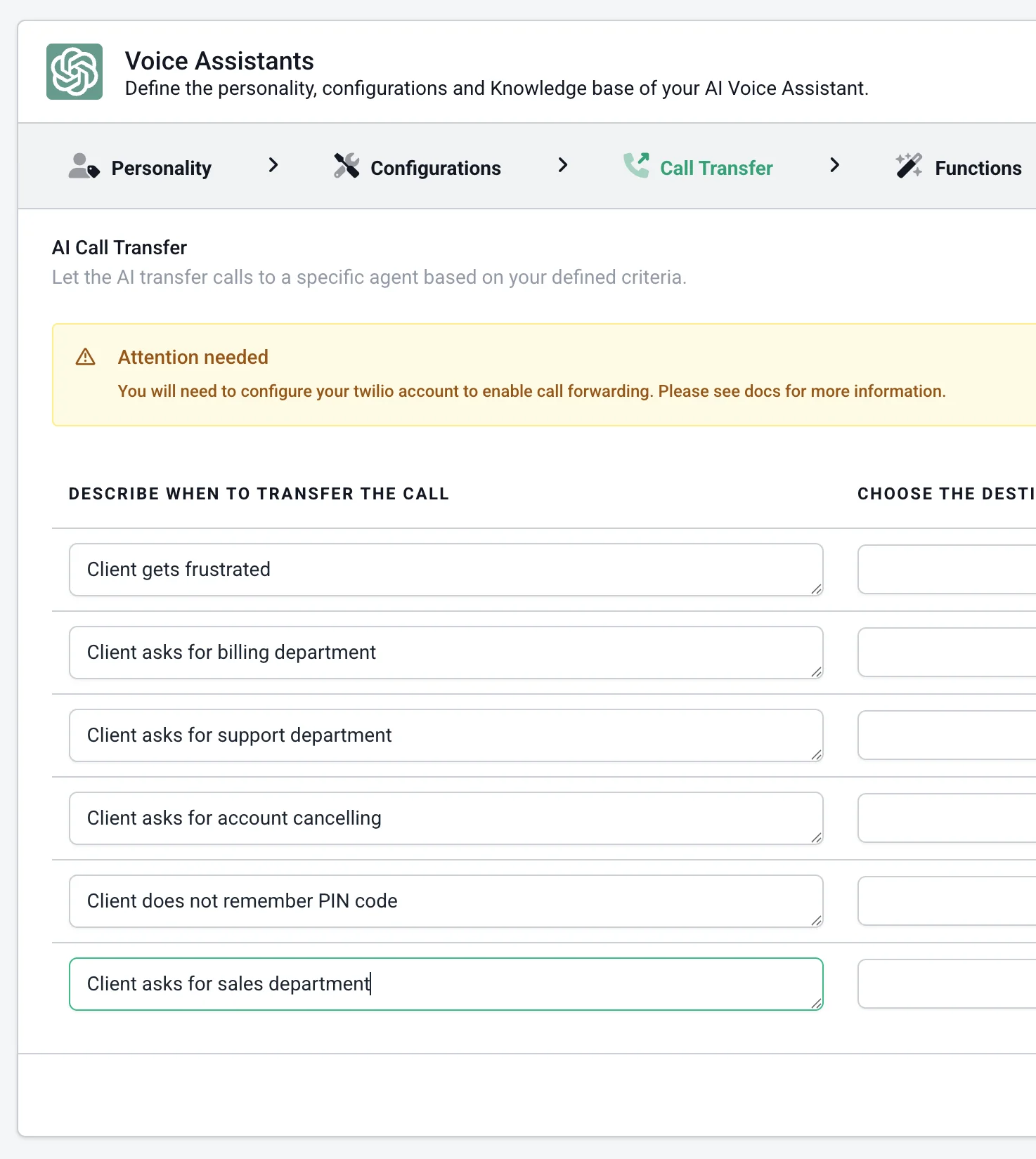 AI Call Transfer rule with destination agent inside the Voice Assistant config