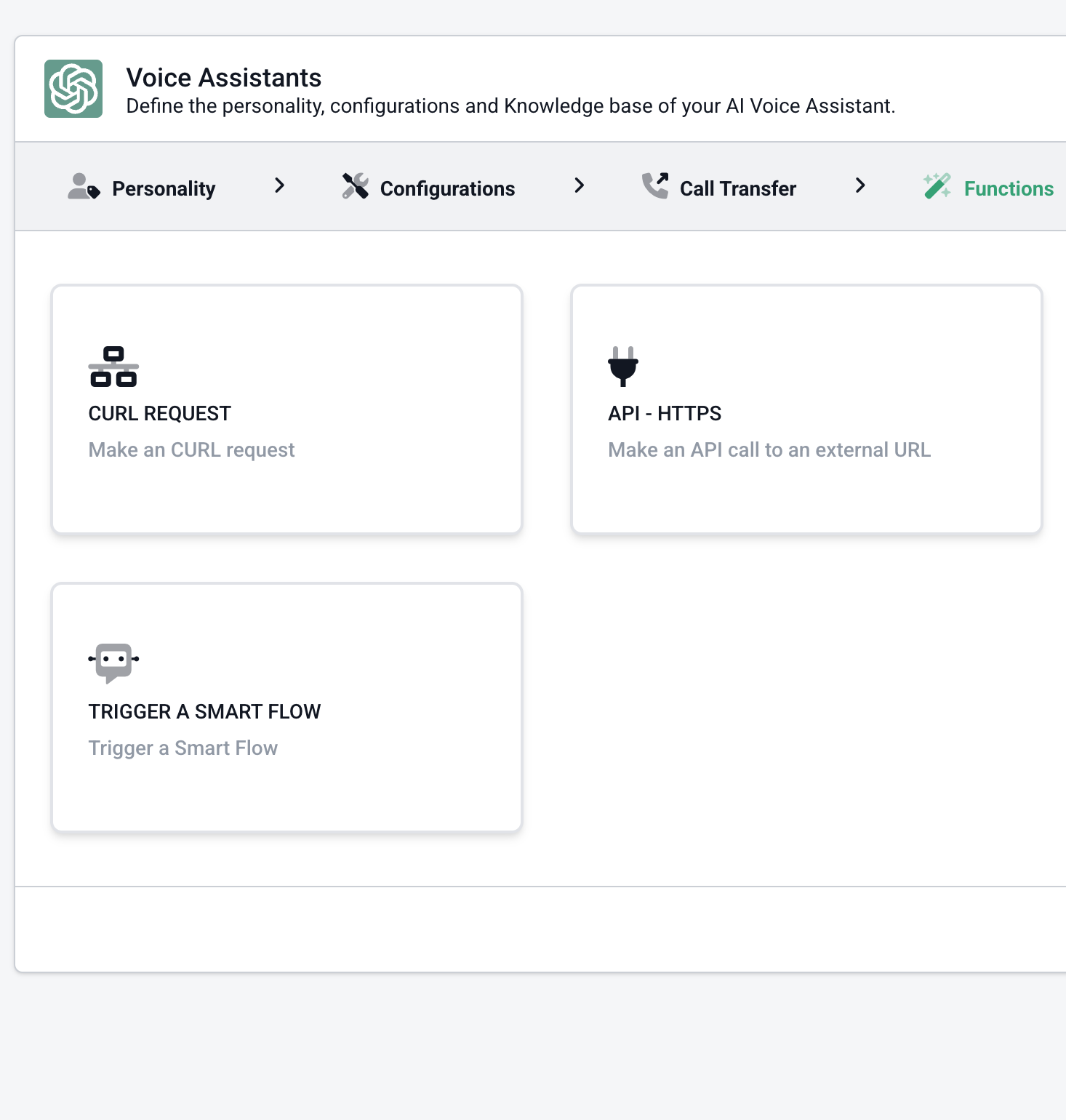 Voice Assistant Functions tab with CURL Request, API-HTTPS, Collect Data, and Trigger a Smart Flow