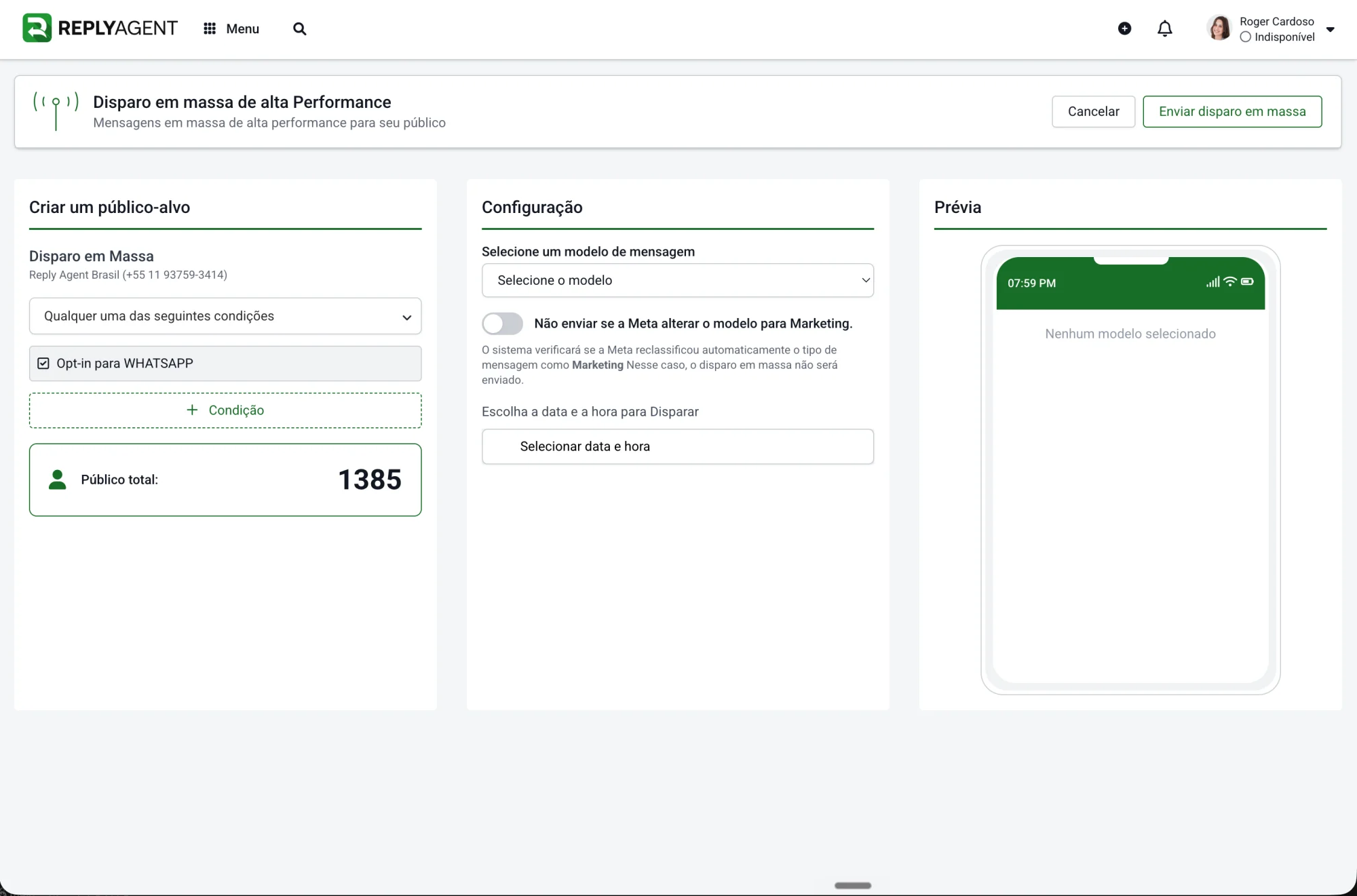 ReplyAgent Performance Broadcast composer with audience builder, template configuration, and preview