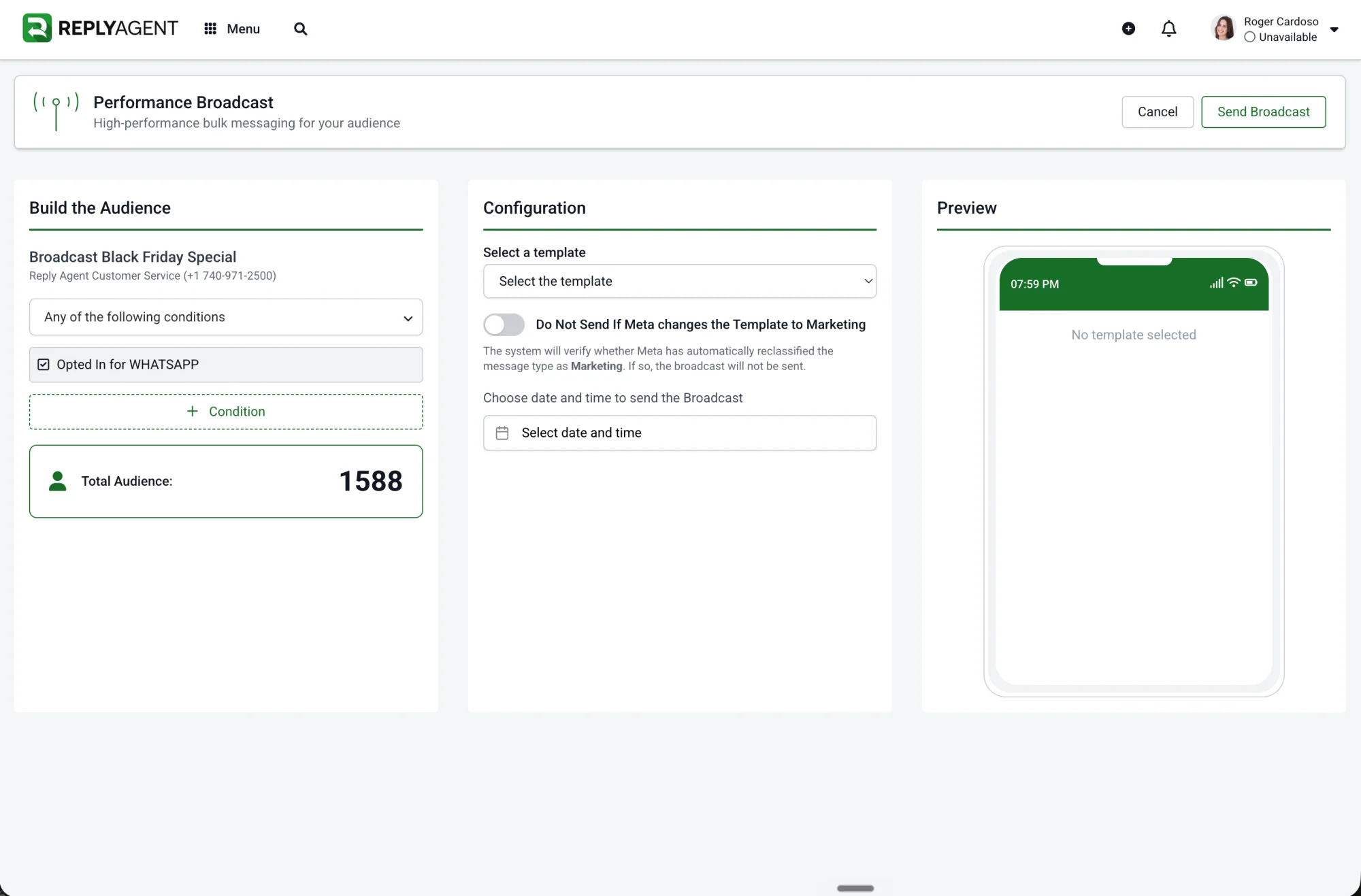 ReplyAgent Performance Broadcast composer with audience builder, template configuration, and preview