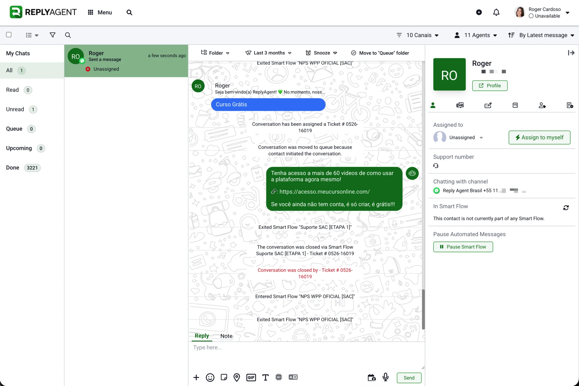 ReplyAgent WhatsApp inbox with a Smart Flow running