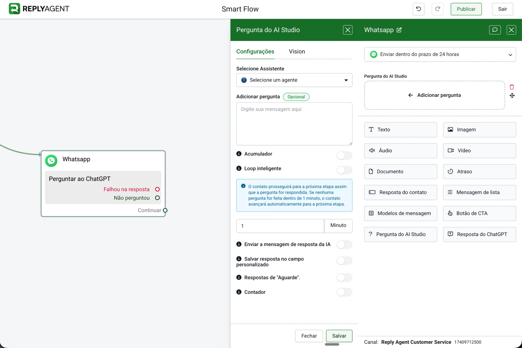 ReplyAgent Smart Flow Builder, configuring an AI Studio Question node connected to WhatsApp
