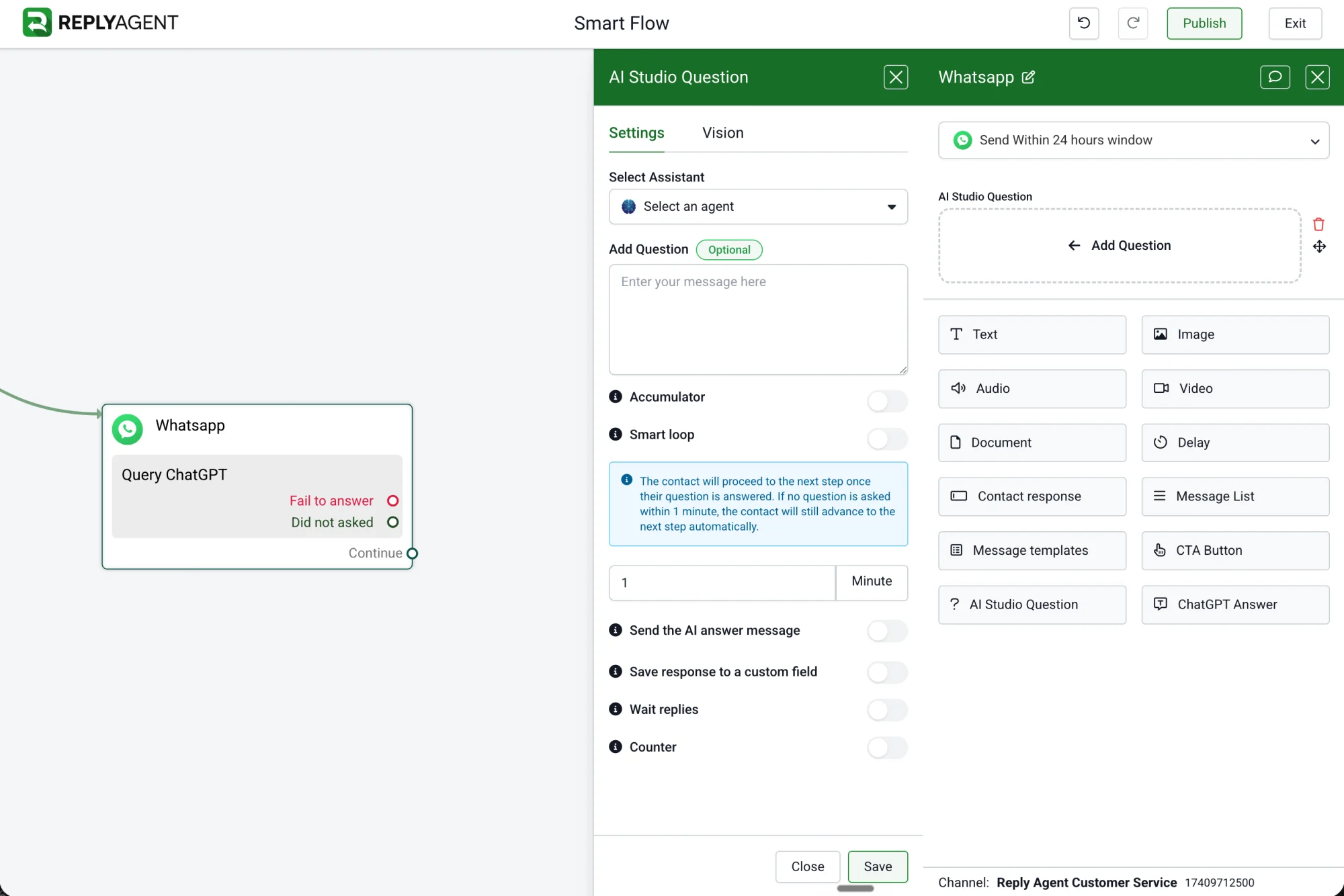 ReplyAgent Smart Flow Builder, configuring an AI Studio Question node connected to WhatsApp