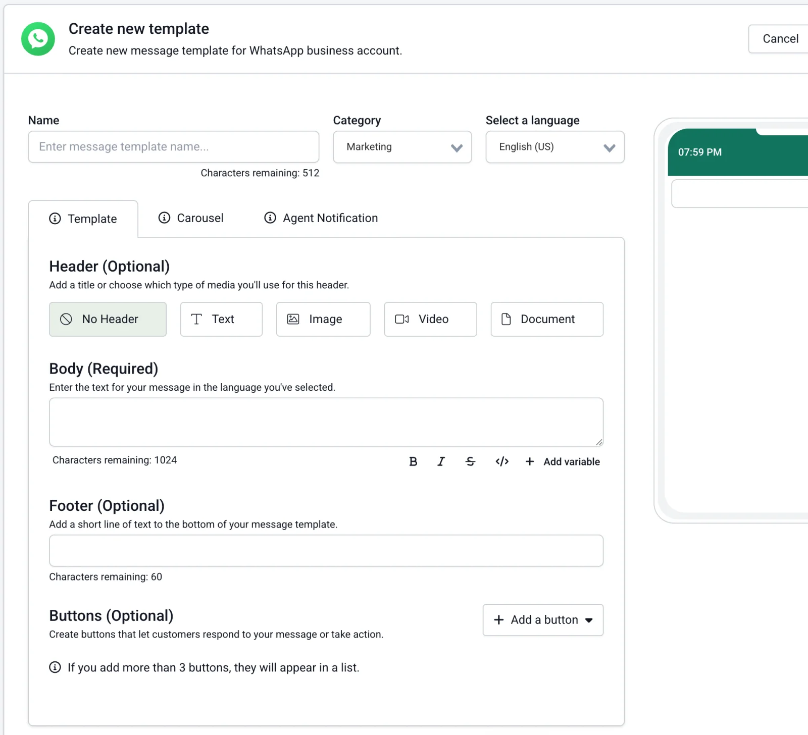 ReplyAgent WhatsApp template builder, header / body / footer / buttons configuration with live preview