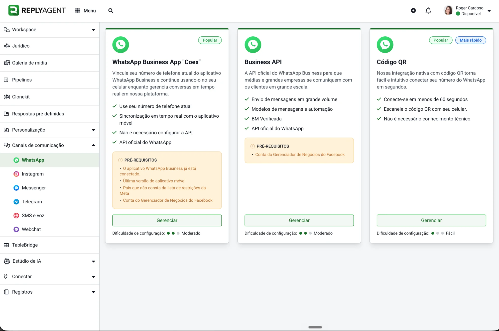 ReplyAgent Conversation Channels picker showing WhatsApp Business App Coex, Business API, and QR Code connection options