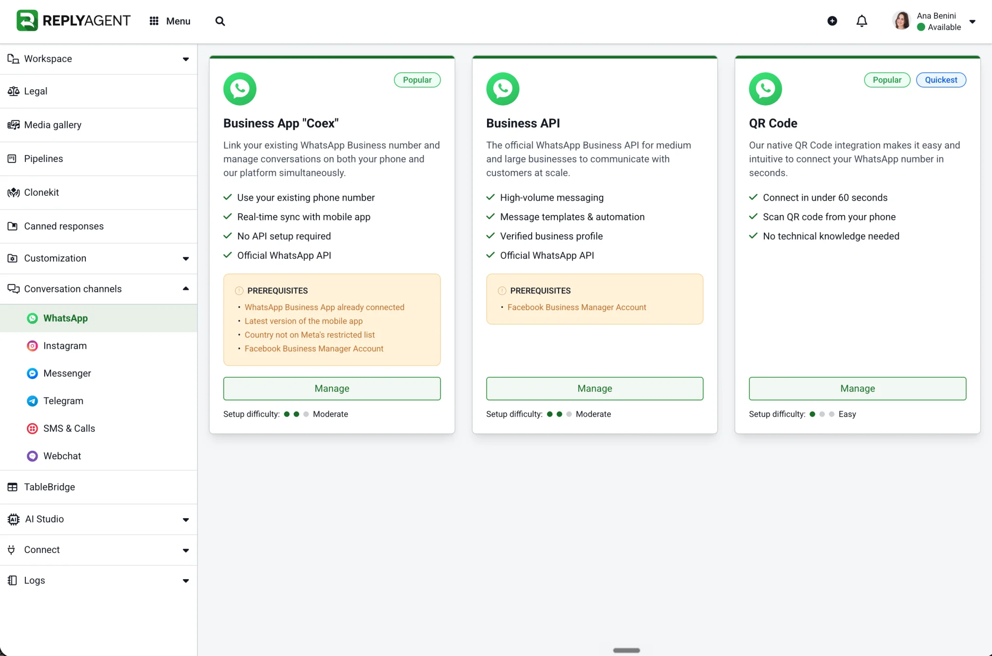 ReplyAgent Conversation Channels picker showing WhatsApp Business App Coex, Business API, and QR Code connection options