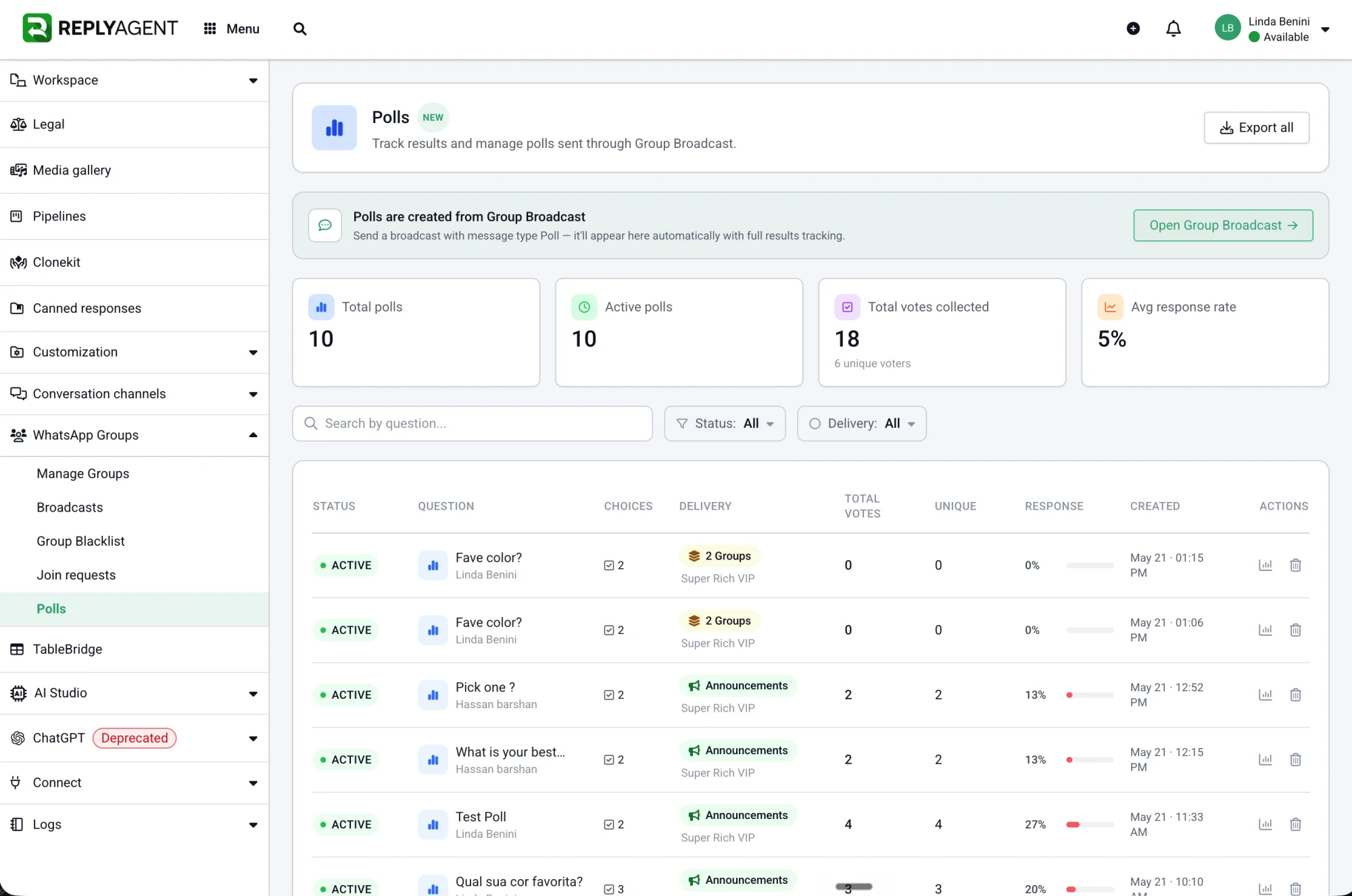 ReplyAgent WhatsApp Group Management, polls, results, and per-group analytics